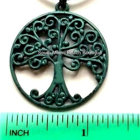 Tree of Life Necklace Celtic Green Patina Brass Pendant Black Cord Chain - Picture 6 of 7